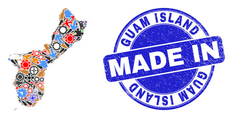 Industrial mosaic Guam Island map and MADE IN textured watermark. Guam Island map mosaic formed from spanners,cogs,screwdrivers,,keys,vehicles,electricity sparks,details. - obrazy, fototapety, plakaty
