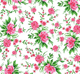 Flower pattern. Pink  bouquets peonies on white background. Idea for textiles, prints for clothes and other. Hand drawn. Watercolor. Illustration. 