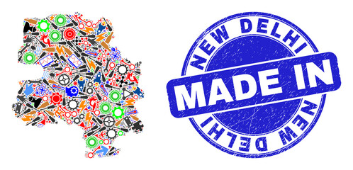 Industrial New Delhi City map mosaic and MADE IN distress stamp seal. New Delhi City map collage designed with spanners,cogs,instruments,components,cars,power sparks,details.