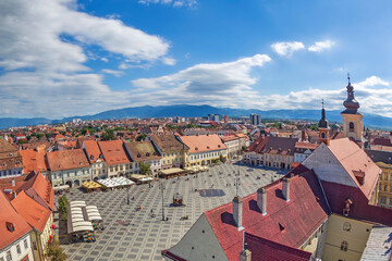 Aerial view over Big Square, Sibiu, Transylvania, Romania