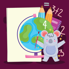 back to school cute koala with brush map pencils and book cartoon