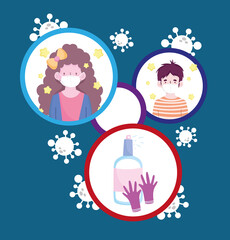 New normal woman and man with masks gloves and alcohol sprays vector design