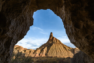 Castildetierra sandstone seen from a cave at Bardenas Reales, Navarre, Spain