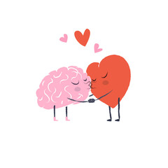 Cartoon Illustration of the Heart and Brain. Heart and Brain are in love hold hands and kiss each other. Happy Valentines Day Lettering.