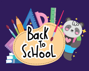 back to school little panda with backpack and supplies label design