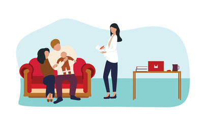 Consultation with a pediatric or family doctor, providing psychological and medical assistance, vector illustration in flat style