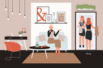 Female characters talk vector illustration. Cartoon woman sitting on sofa couch and talking, girl standing in front of mirror, mother and daughter conversation in home living room interior background