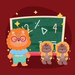 back to school cute lion and bears with chalkboard class cartoon