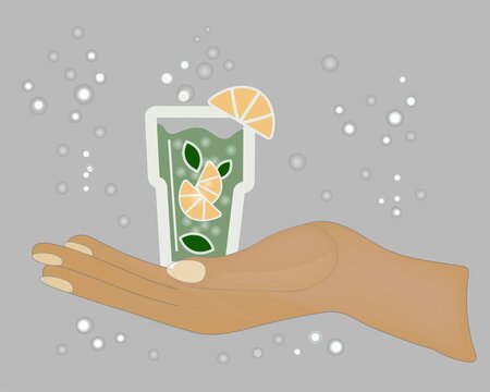 Female hand holds glass of ice mojito. Refreshing drink in warm palms. Vector flat illustration on a gray background.