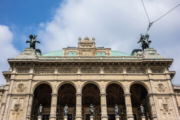 Vienna State Opera (Wiener Hofoper, 1868) in the Neo-Renaissance style considered one of the most important opera houses in the world. Austria. Sculptural composition of the facade.