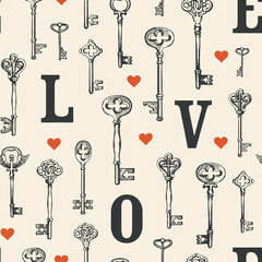 Seamless pattern on the theme of love with black hand-drawn keys, capital letters L O V E and red hearts. Vintage vector background in retro style, suitable for Wallpaper, wrapping paper, fabric