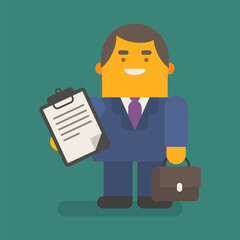 Businessman holding tablet with inscriptions suitcase and smiling. Vector character