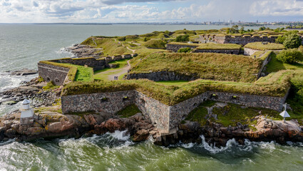 Star-shaped bastion walls of Suomenlinna fortress at Kustaanmiekka island. The walls guarded the narrow channel between the islands, have been raised in the early 19th century.
