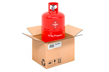 Propane gas cylinder inside cardboard box, delivery concept. 3D rendering