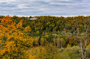 Fototapeta premium Vintage cottage in orange and yellow autumn forest, many trees on the orange hills in Sigulda, Latvia. October color of Latvia.