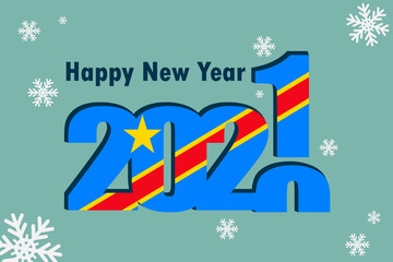 New year's card 2021. Depicted: an element of the flag of the Democratic Republic of the Congo, a festive inscription and snowflakes. It can be used as a promotional poster, postcard, flyer.