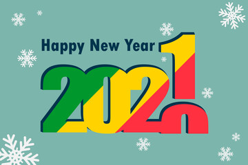 New Year's card 2021. Depicted: an element of the flag of the Republic of the Congo, a festive inscription and snowflakes. It can be used as a promotional poster, postcard, flyer, invitation.