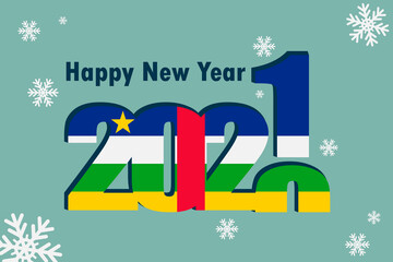 Fototapeta na wymiar New year's card 2021. Depicted: an element of the flag of the Central African Republic, a festive inscription and snowflakes. It can be used as a promotional poster, postcard, flyer, invitation, or we