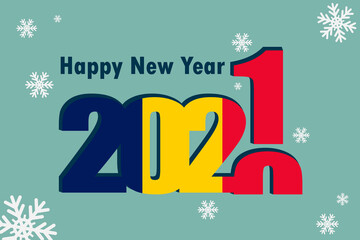 New year's card 2021. Depicted: an element of the flag of Chad, a festive inscription and snowflakes. It can be used as a promotional poster, postcard, flyer, invitation, or website.