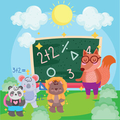 back to school squirrel koala bear and panda with blackboard in landscaping