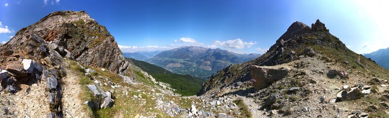 Panoramic view from Göflaner Schartl pass down to the Vinschgau valley near Schlanders in the Alps...