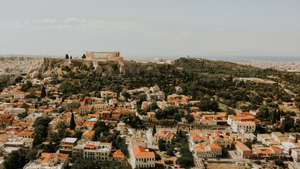 Aerial drone view of Historic Parthenon Temple on Acropolis Hill in Athens,Greece.