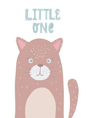 cute illustration of a kitten and lettering quote 'Little one' for nursery posters, kids clothes, prints, cards, stickers, etc. 