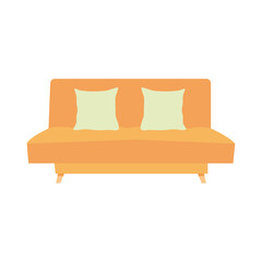 orange couch with green cushions, colorful design