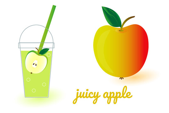 Set of images of glass with sweet apple juice and whole apple. Illustration in bright colors on white background. Vector illustration for design of fresh product, juice, canned food, menu for cafe.