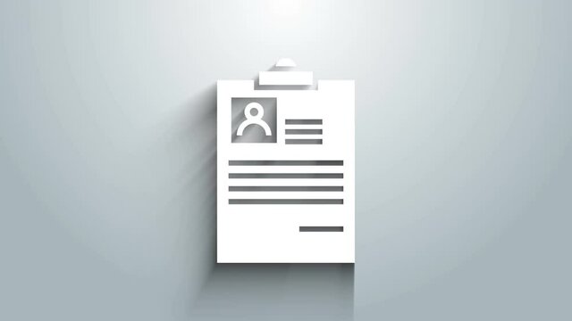 White Clipboard with resume icon isolated on grey background. CV application. Curriculum vitae, job application form with profile photo. 4K Video motion graphic animation