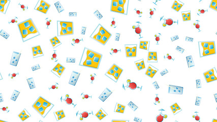 Endless seamless pattern of beautiful glass glasses with tasty alcoholic cocktails with ice and straws with lemons and beer for a party on a white background. illustration