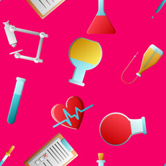 Endless seamless pattern of medical scientific medical objects icons of droppers of hearts with the pulse of flasks of documents and microscopes on a red background. illustration