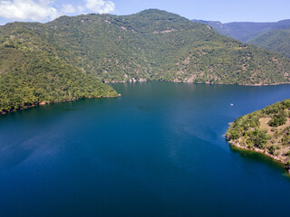 Obraz na płótnie Canvas Aerial view of Vacha (Antonivanovtsi) Reservoir, Bulgaria
