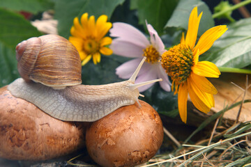 grape snail is actively crawling in nature. mollusc and invertebrate. delicacy meat and gourmet food.