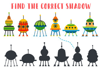 Find the correct shadow. Educational matching game for children. Kids learning game. Preschool worksheet activity. Cartoon various spaceships and satellites