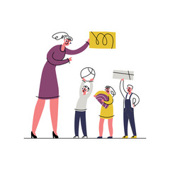 Vector flat illustration concept children s development, creativity, learning, individuality, self activity. It shows female educator, teacher holding abstract figure, children also hold their objects