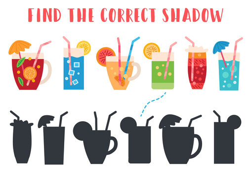 Find The Correct Shadow. Educational Matching Game For Children. Kids Learning Game. Preschool Worksheet Activity. Cartoon Drinks, Cocktails