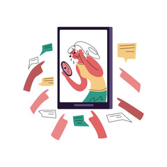 Vector flat illustration with concept cyber bullying, gaslighting, aggression online. Woman is depicted in display of mobile phone, subscribers point at her with their finger.