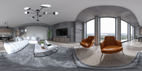 360 panorana minimalist Interior of modern living room 3D rendering