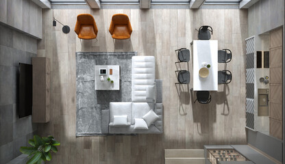 Top view minimalist Interior of modern living room 3D rendering - 401306941