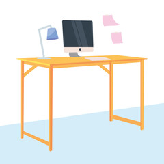 modern desk with computer and desk lamp, colorful design