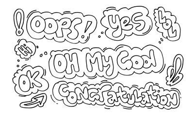 Lettering poster with quote about oops,yes,lol,hi,oh my god,ok and congratulation.Calligraphic banner and t shirt print. 