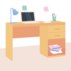 wooden desk with laptop computer and elements, colorful design