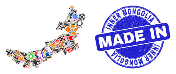 Technical Inner Mongolia map mosaic and MADE IN textured stamp. Inner Mongolia map mosaic created from spanners,cogs,instruments,,keys,airplanes,aircrafts,air planes,aviation symbols,