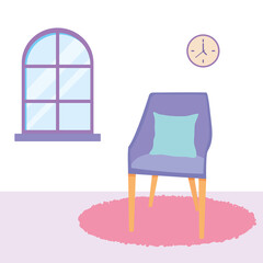 interior house design with purple chair and pink round rug, colorful design