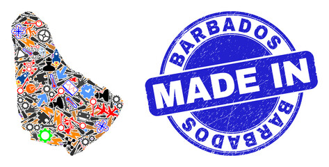 Technical Barbados map mosaic and MADE IN grunge rubber stamp. Barbados map abstraction formed with wrenches,wheel,screwdrivers,,keys,airplanes,aircrafts,air planes,aviation symbols,cars,strikes,