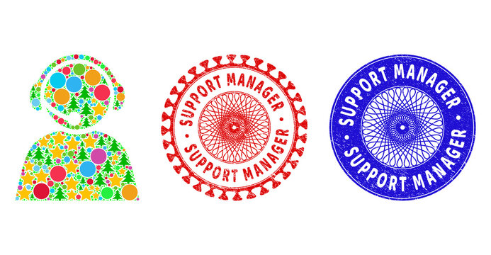 Call center operator mosaic of New Year symbols, such as stars, fir trees, multicolored circles, and SUPPORT MANAGER dirty stamp seals. Vector SUPPORT MANAGER stamp seals uses guilloche pattern,