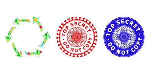 Centrifugal arrows collage of Christmas symbols, such as stars, fir trees, bright round items, and TOP SECRET DO NOT COPY grunge stamp prints.