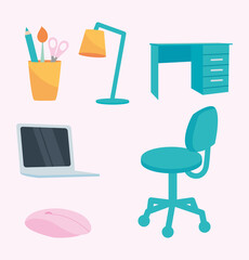 desk and workplace elements icon set, colorful design