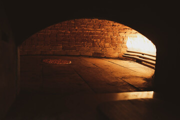 In a restaurant, pita or pide bread cooking in oven or stove. Bakery or bakehouse concept image.